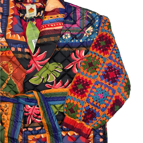 FARM RIO Patchwork Coat Quilted Crochet Sweater Sleeve Trench Boho Print Jacket - Picture 11 of 16